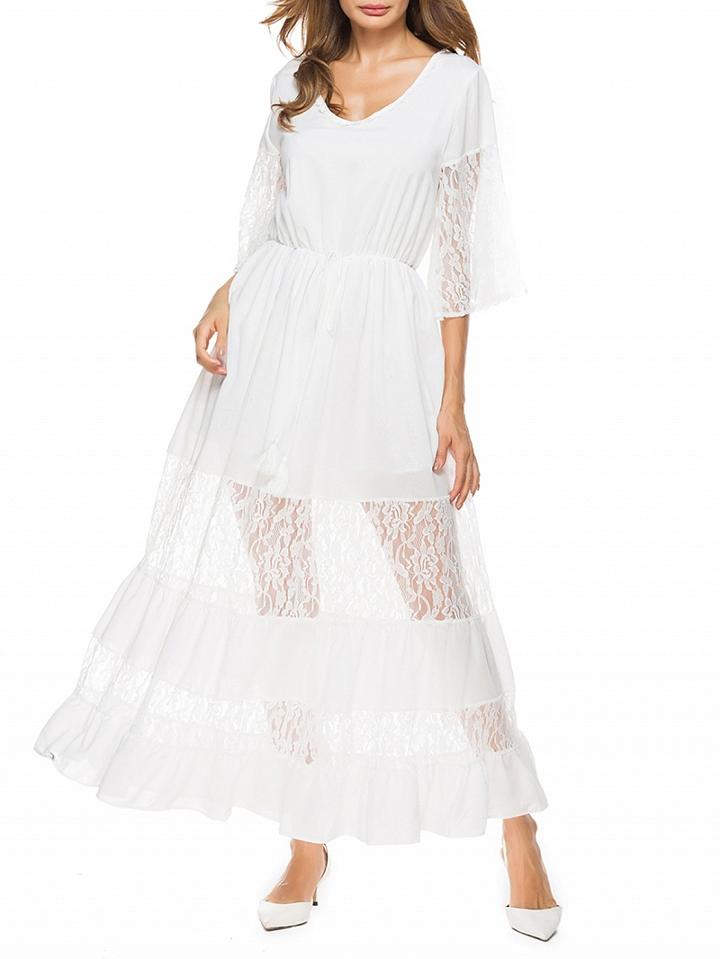 Choies White V-neck Lace Panel Maxi Dress