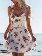 Choies White V-neck Floral Print Open Back Chic Women Cami Mini Dress