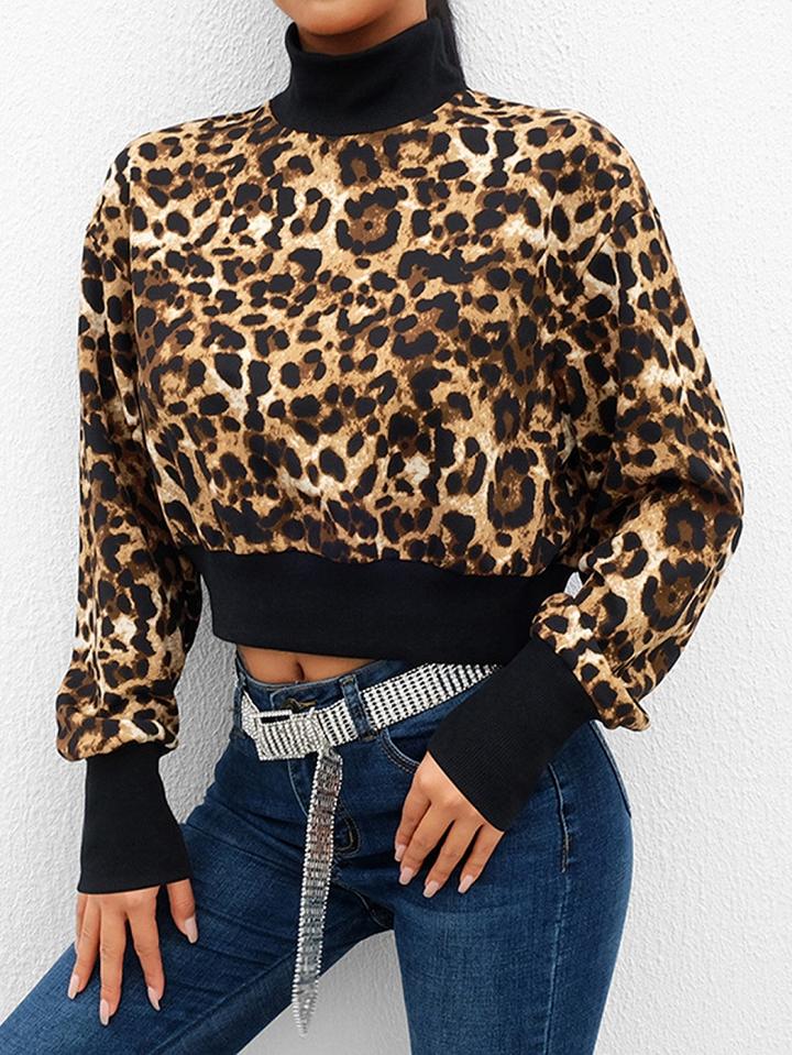 Choies Brown High Neck Leopard Print Long Sleeve Women Crop Sweatshirt