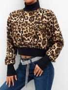 Choies Brown High Neck Leopard Print Long Sleeve Women Crop Sweatshirt
