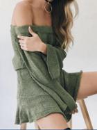 Choies Green Off Shoulder Flare Sleeve Chic Women Knit Mini Dress