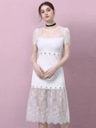 Choies White Eyelet Detail Asymmetric Hem Sheer Lace Midi Dress