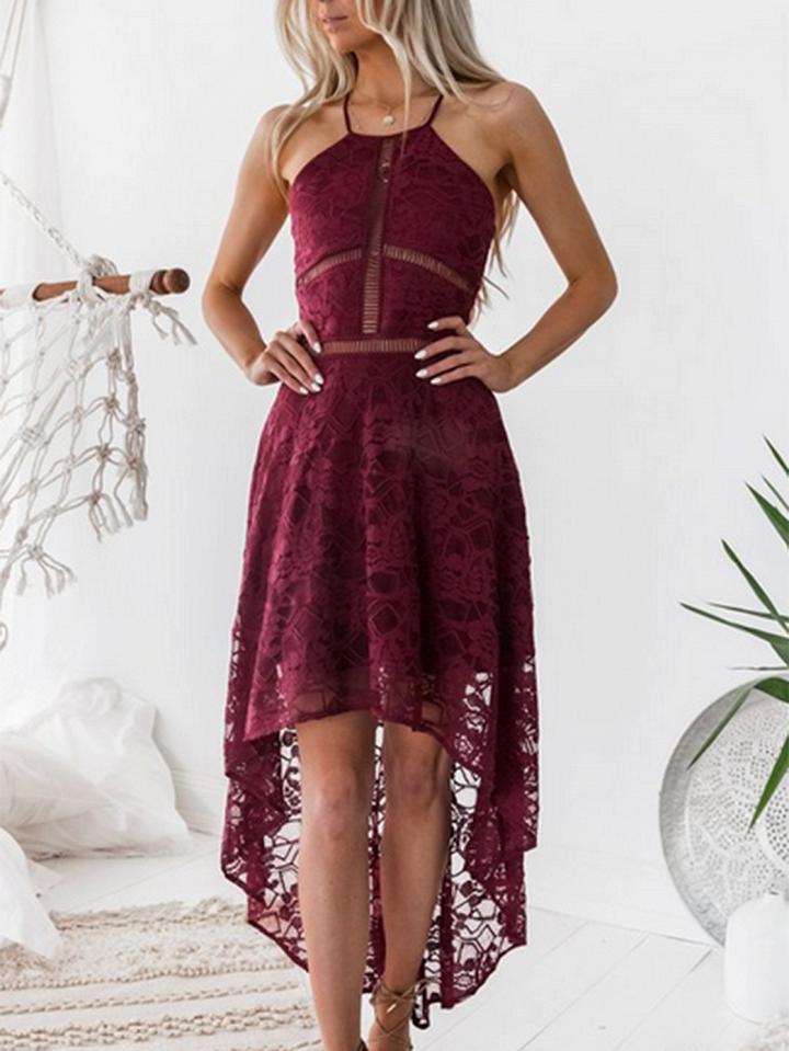 Choies Burgundy Cut Out Detail Lace Hi-lo Dress