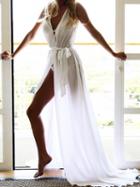 Choies White Plunge Tie Waist Thigh Split Front Maxi Dress