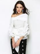 Choies White One Shoulder Bow Tie Front Long Sleeve Blouse