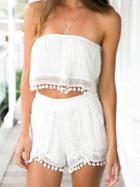 Choies White Strapless Crochet Pom Pom Detail Cropped Top And Shorts