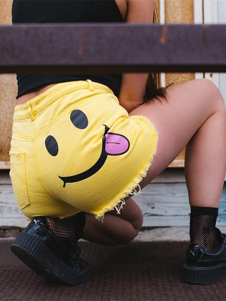 Choies Yellow High Waist Smiling Face Print Chic Women Denim Ripped Shorts