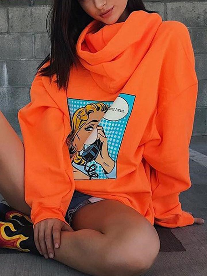 Choies Orange Character Print Pouch Pocket Front Long Sleeve Women Hoodie