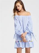 Choies Blue Off Shoulder Tie Sleeve Pom Pom Detail Mini Dress