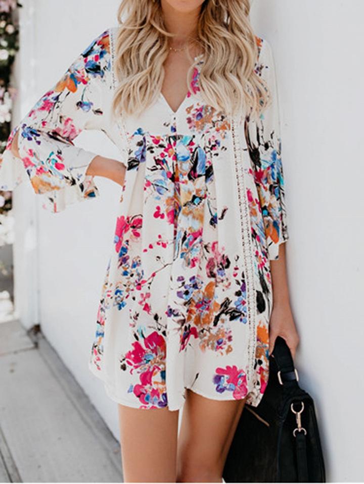 Choies White V-neck Floral Print Flare Sleeve Chic Women Mini Dress