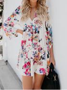 Choies White V-neck Floral Print Flare Sleeve Chic Women Mini Dress