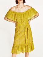 Choies Yellow Off Shoulder Tie Waist Ruffle Trim Lace Midi Dress