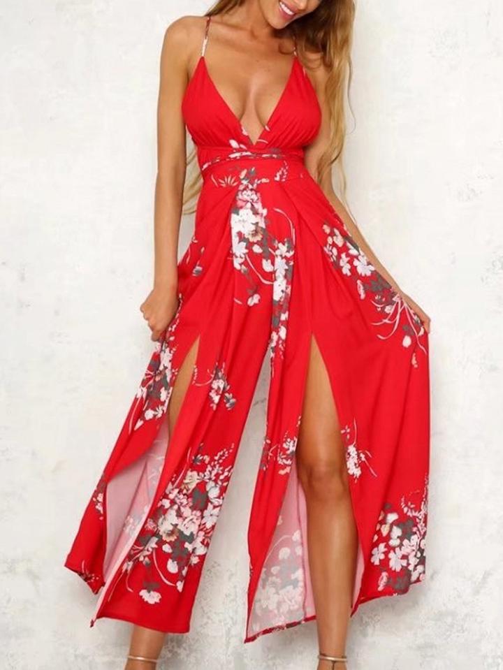 Choies Red Plunge Floral Print Cross Strap Open Back Jumpsuit