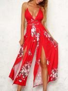 Choies Red Plunge Floral Print Cross Strap Open Back Jumpsuit