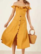 Choies Yellow Off Shoulder Button Placket Front Chic Women Midi Dress