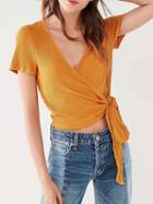 Choies Yellow V-neck Tie Waist Crop T-shirt