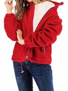 Choies Red Stand Collar Pocket Detail Long Sleeve Fluffy Coat