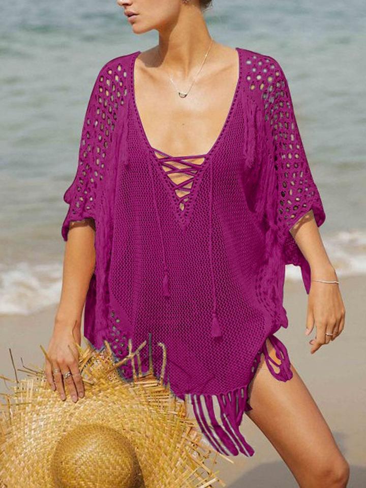 Choies Purple Plunge Lace Up Front Cut Out Detail Tassel Trim Blouse