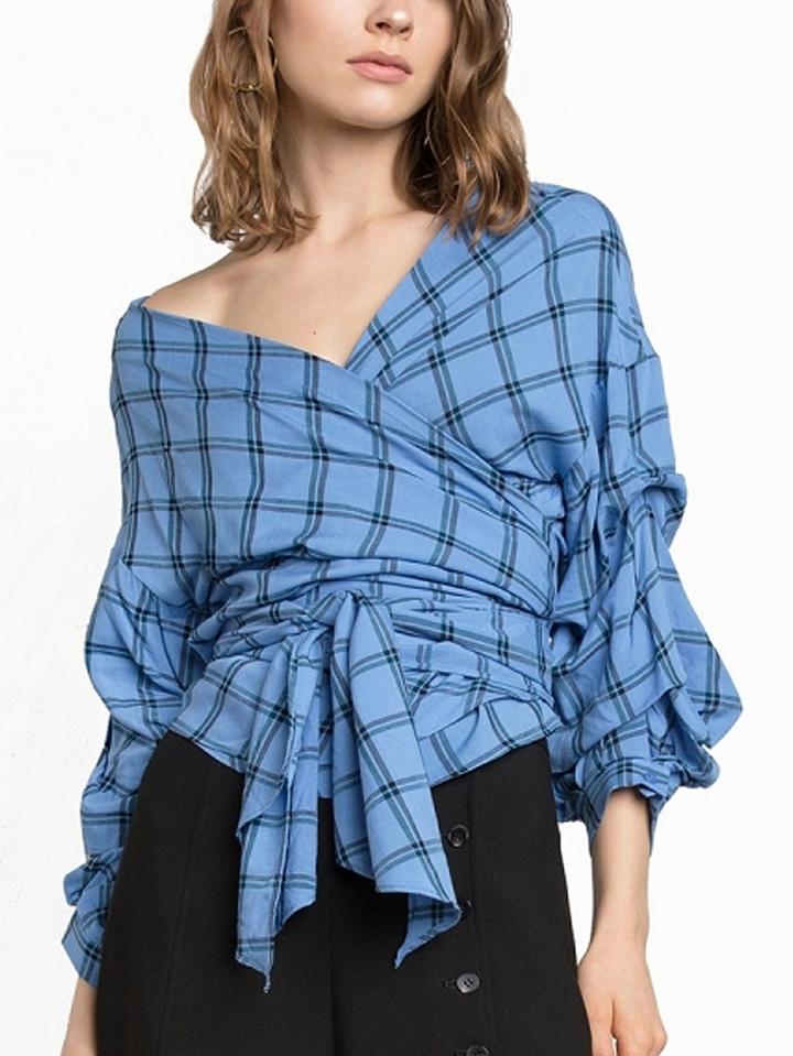 Choies Blue Plaid V-neck Puff Sleeve Wrap Blouse