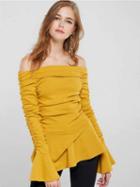 Choies Yellow Off Shoulder Ruched Detail Flare Sleeve Blouse
