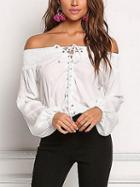 Choies White Off Shoulder Eyelet Lace Up Front Long Sleeve Blouse