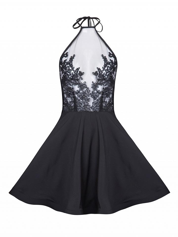 Choies Black Halter Embroidery Detail Sheer Overlay Skater Dress