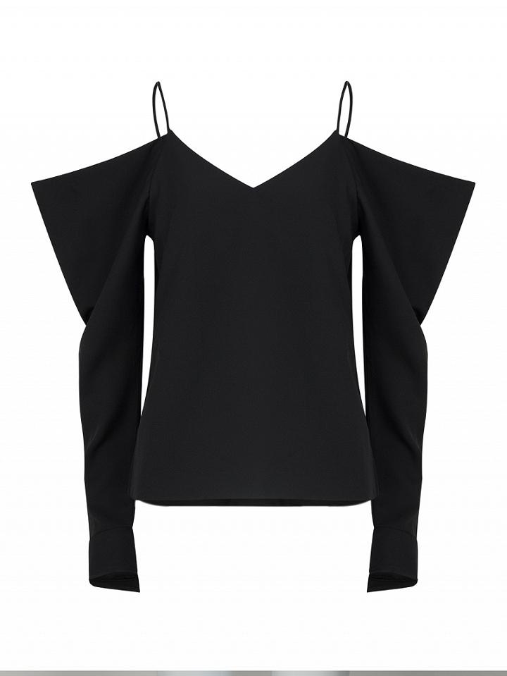 Choies Black V-neck Cold Shoulder Spaghetti Strap Long Sleeve Blouse