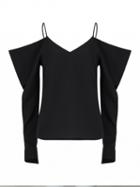 Choies Black V-neck Cold Shoulder Spaghetti Strap Long Sleeve Blouse