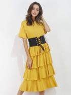 Choies Yellow Short Sleeve Corset Belt Layered Dress