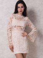 Choies Pink Flared Sleeve Lined Crochet Lace Bodycon Dress