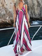 Choies Multicolor Stripe Plunge Thigh Split Side Chic Women Cami Maxi Dress
