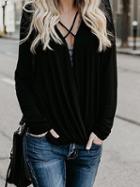Choies Black V-neck Cross Strap Long Sleeve Blouse
