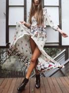 Choies Polychrome V-neck Geo-tribal Print 3/4 Sleeve Boho Maxi Dress