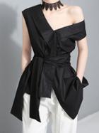 Choies Black One Shoulder Asymmetric Hem Tie Waist Top