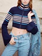 Choies Navy Blue Stripe High Neck Zip Front Flare Sleeve Knit Crop Top