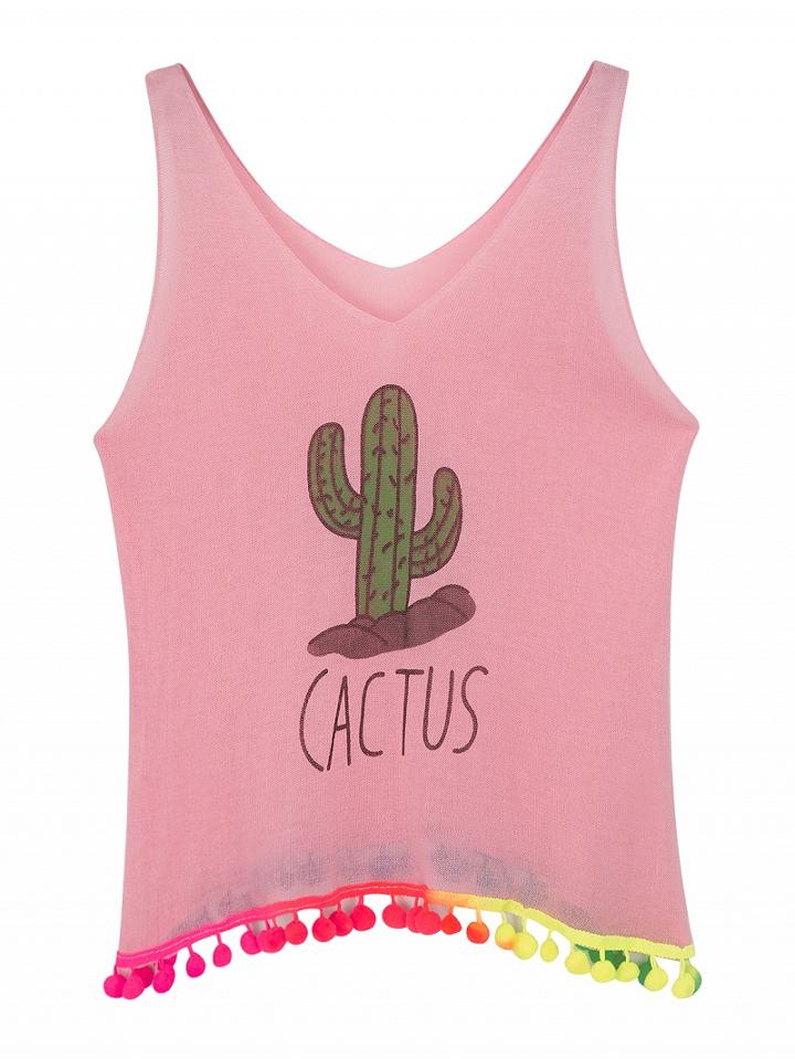 Choies Pink Cactus Print Pom Pom Trim Knit Vest Top