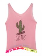 Choies Pink Cactus Print Pom Pom Trim Knit Vest Top