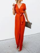 Choies Orange V-neck Tie Waist Thigh Split Front Maxi Dress