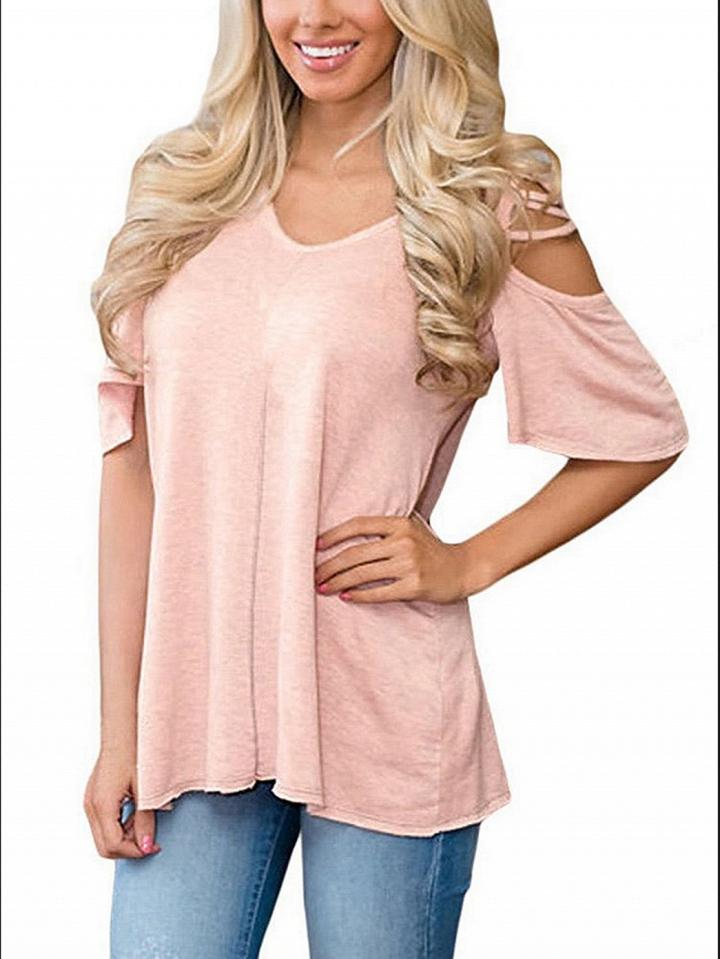 Choies Pink Cold Shoulder Lace Up Side Flare Sleeve T-shirt