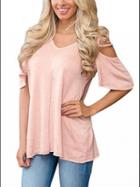 Choies Pink Cold Shoulder Lace Up Side Flare Sleeve T-shirt