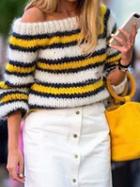 Choies Yellow Stripe Off Shoulder Long Sleeve Chic Women Knit Sweater