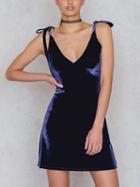 Choies Blue Velvet V-neck Tie Shoulder Mini Dress