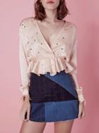 Choies Pink Plunge Star Sequin Detail Frill Trim Long Sleeve Blouse