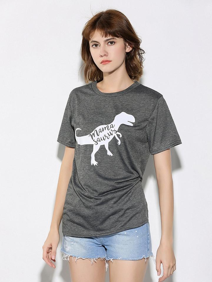 Choies Gray Cartoon Dinosaur Print Short Sleeve T-shirt