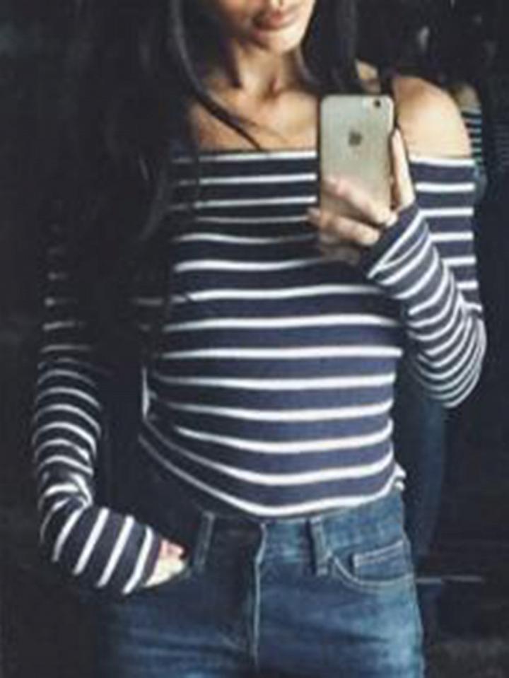 Choies Black Stripe Cotton Off Shoulder Long Sleeve Chic Women T-shirt