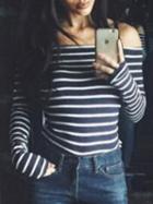 Choies Black Stripe Cotton Off Shoulder Long Sleeve Chic Women T-shirt