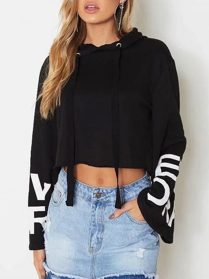 Choies Black Letter Print Long Sleeve Cropped Hoodie