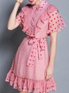 Choies Pink Polka Dot Print Ruffle Trim Chic Women Mini Dress