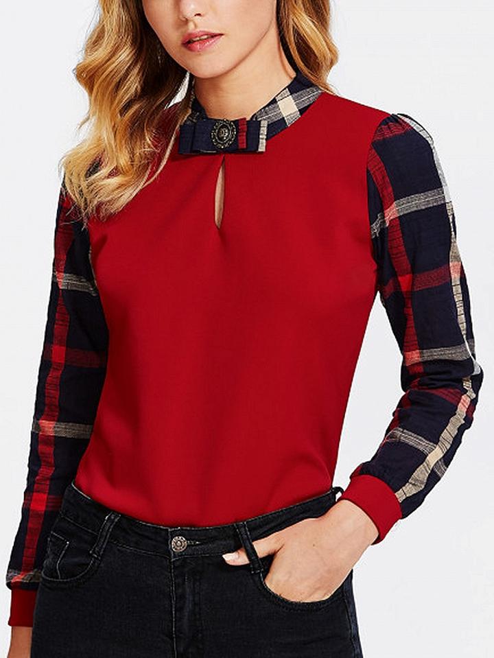 Choies Red Contrast Plaid Long Sleeve Blouse
