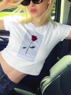 Choies White Cotton Flower Print Chic Women Cropped T-shirt